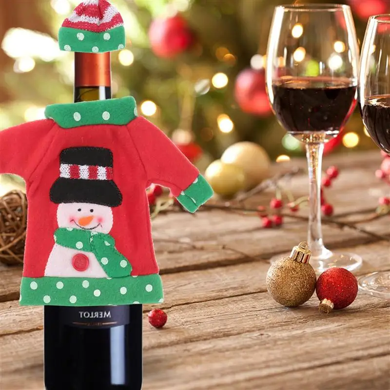 

3pcs Christmas Wine Bottle Sweater Clothes Christmas Santa Elk Snowman Printing Costume Xmas Party Ornament Home Decoration