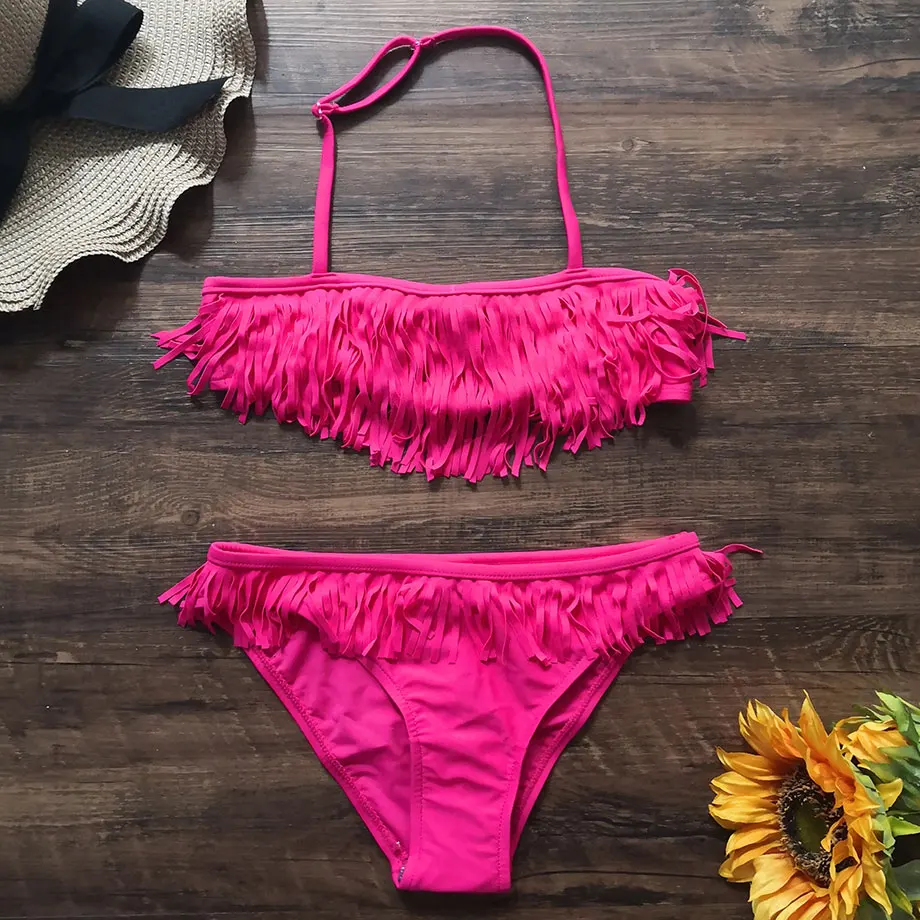 9-14 Years Girl Swimsuit Kids Swimwear Tassel Teenage Bikini Set Halter Top Girls Bathing Suit 2 Piece Children's