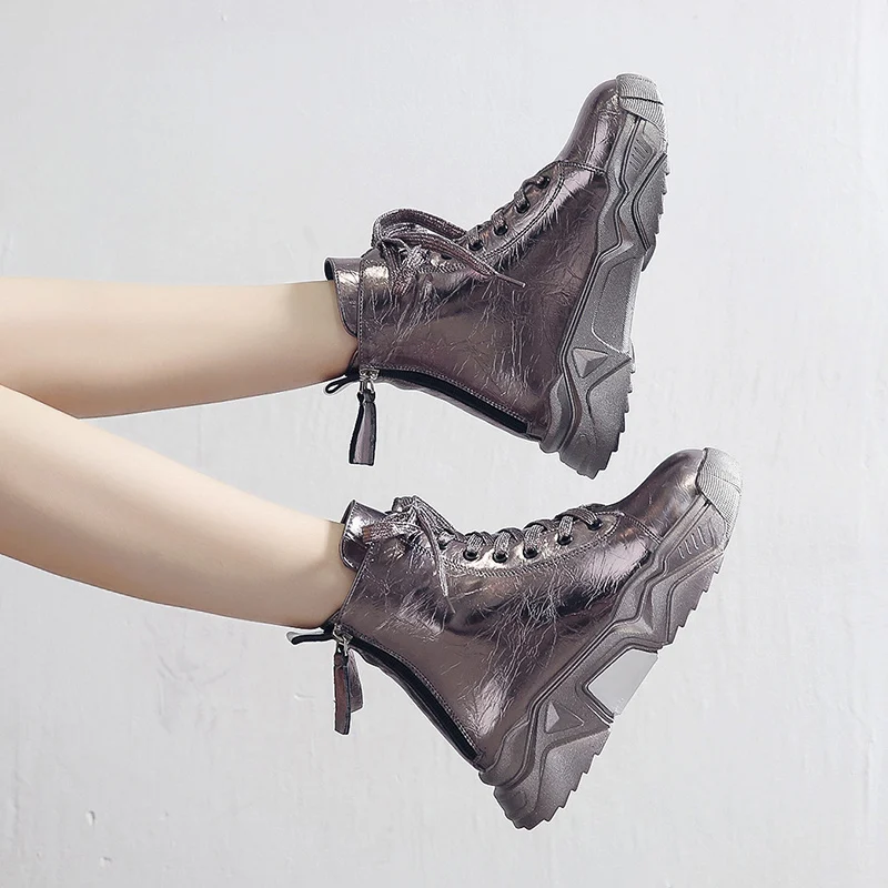 

European women new burst leather thick-bottomed muffin sloping heel tied with Martin boots locomotive short daddy shoes