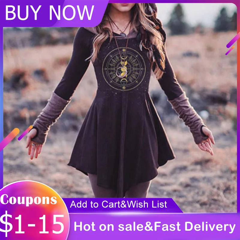 

Women Purple Hooded Dress Gothic Hoodie Dresses Moon Printed Goth 2021 Casual Summer Short Dresses Long Sleeve Pullover Mini Ves