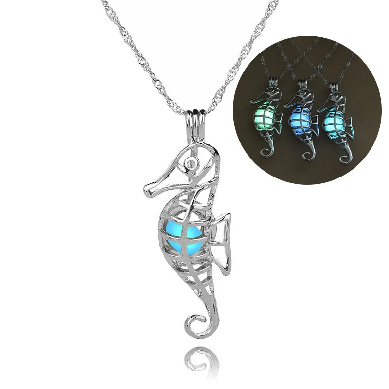 

Glow In The Dark Luminous Necklace Locket Seahorse Cage Pendant Hollow Crown Necklaces Fashion Jewelry Accessories Styling Tool