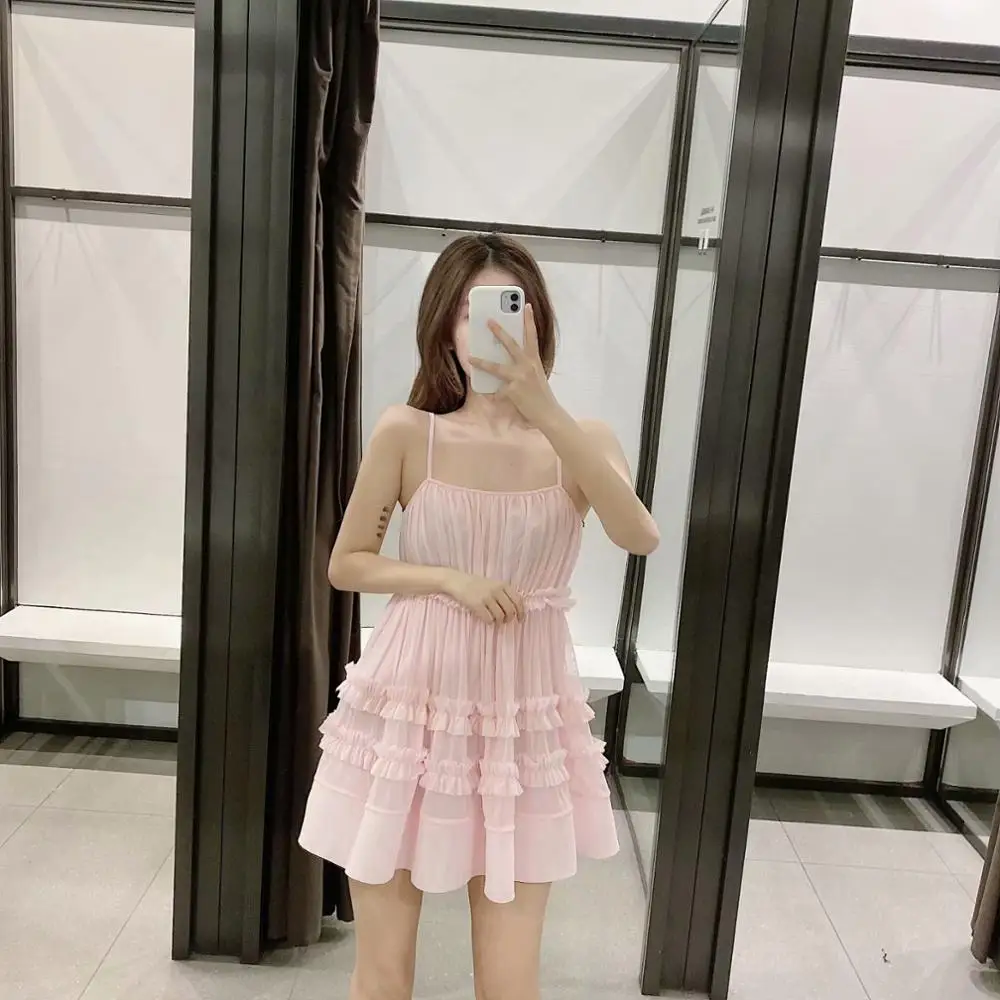 Новинка 2020 весеннее женское розовое однотонное платье выше колена на бретелях с