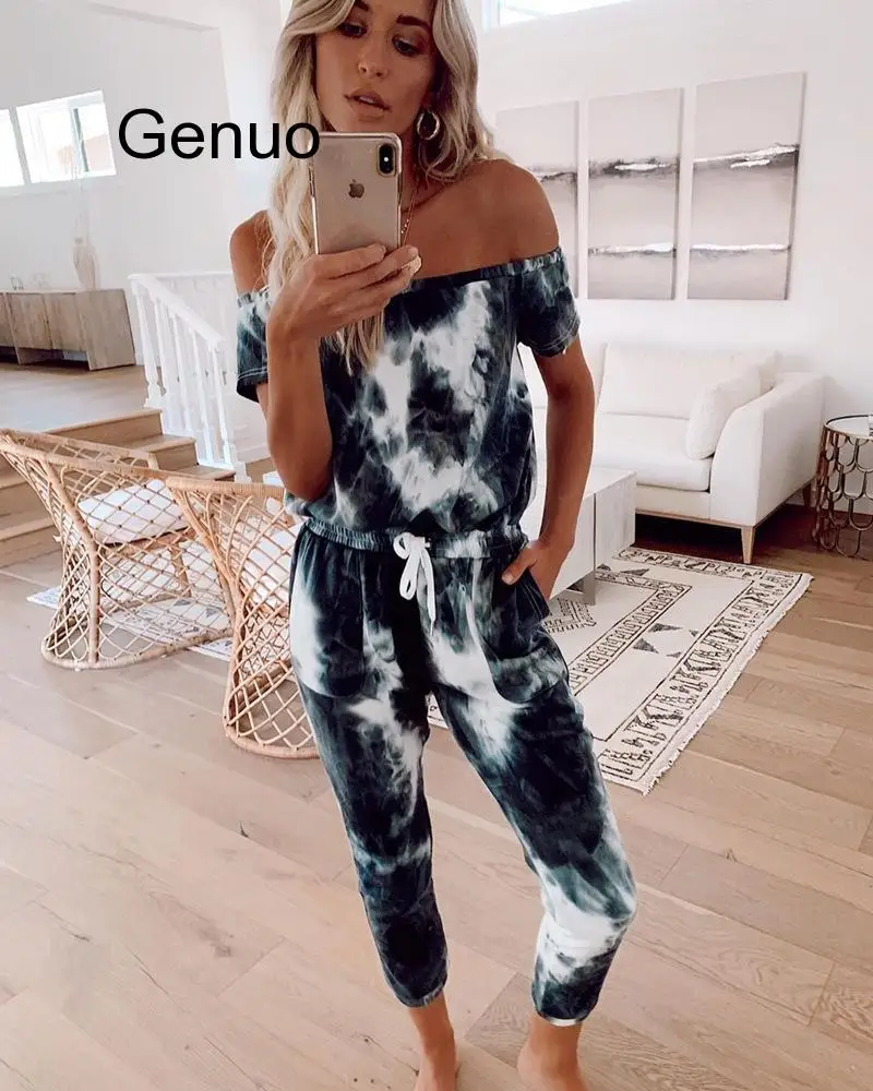 

Tube Top Women Jumpsuit Tie-dye Printed Long Wide Leg Playsuits Overalls Womens Jumpsuits Dungarees Femme 2020 New fashion