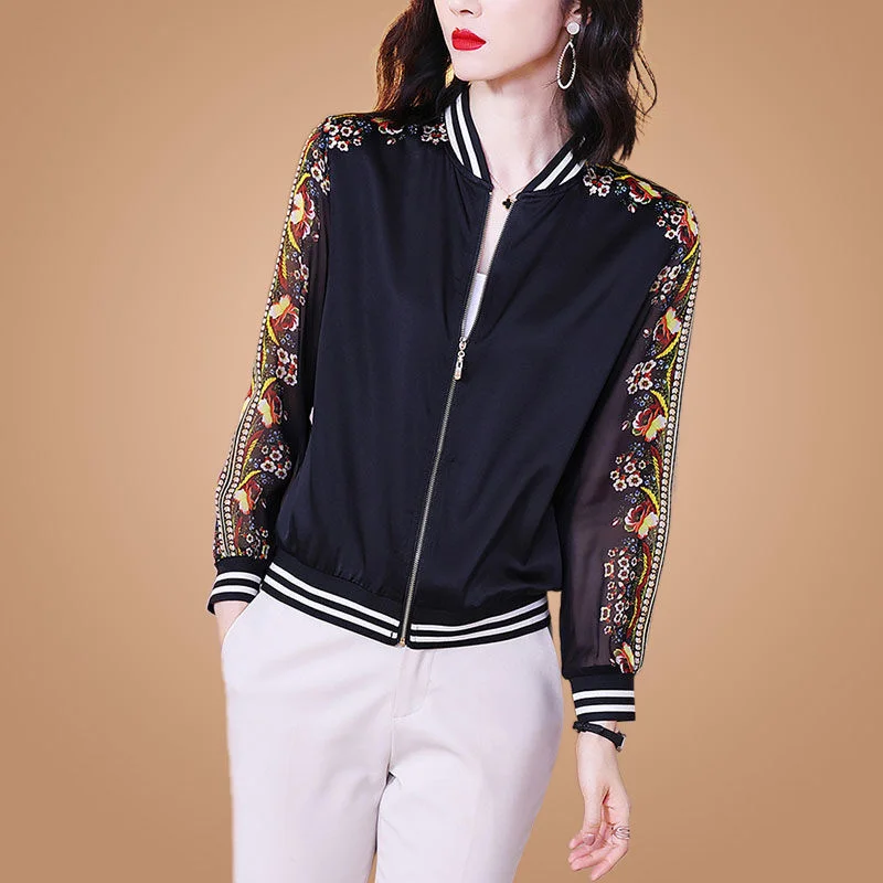 

Silk Heavyweight Cardigan Short Coat Women's New Spring And Autumn Jacket Crepe Silk Baseball Suit Fashion