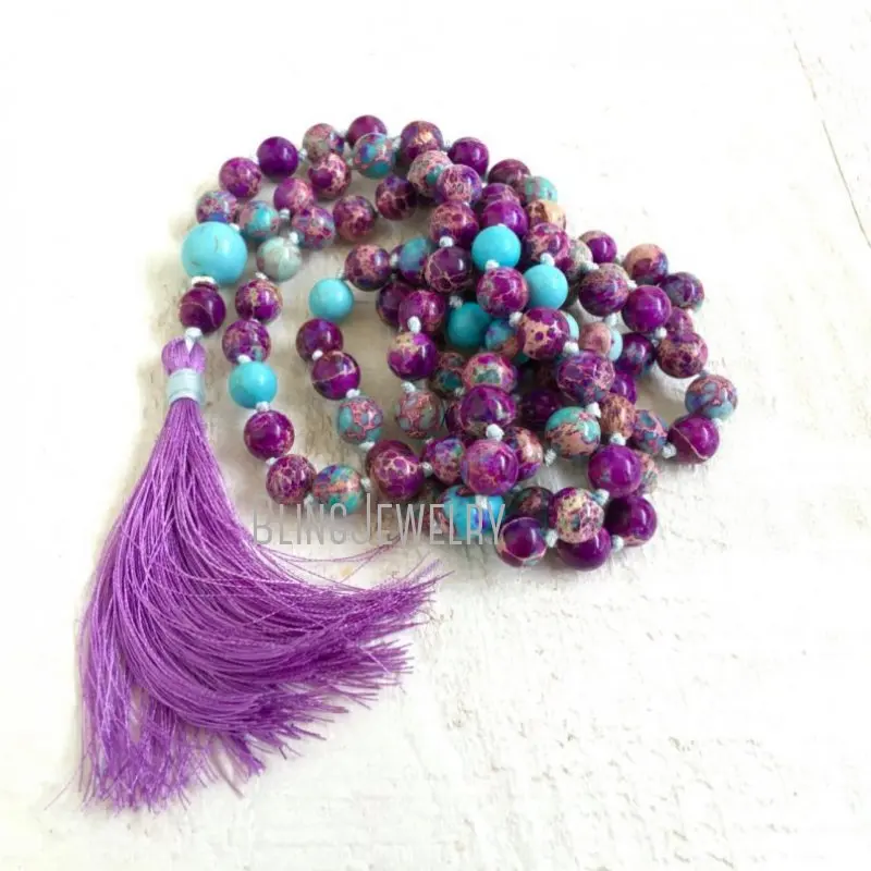 

MN36966 Natural Purple Jasper Opal Turquoise Mala Beads Silk Tassel Necklace 108 Mala Bead Necklace