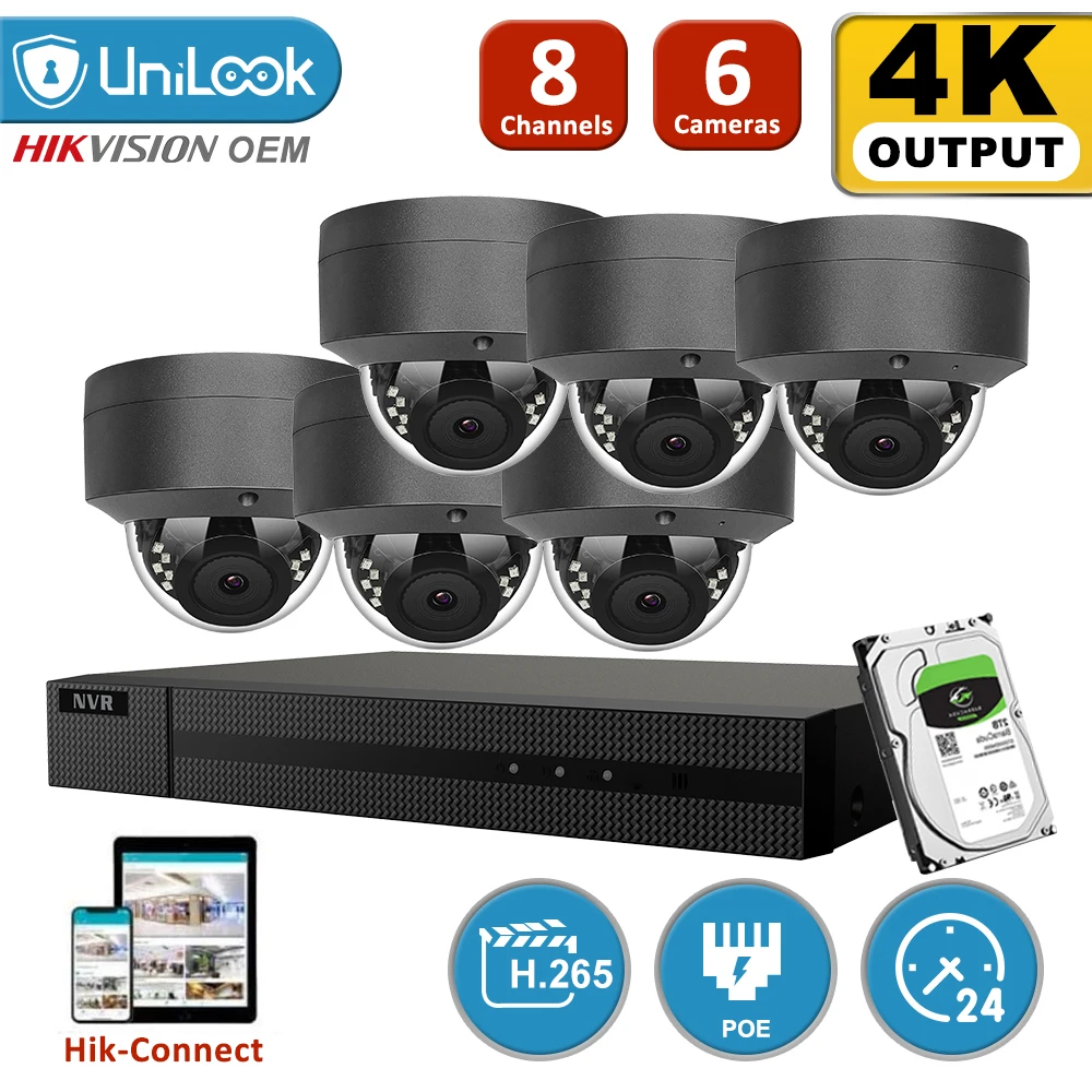 UniLook 8CH NVR 6 шт. 8MP 4K Серый купол POE IP камера комплект 2 8 мм фиксированный объектив