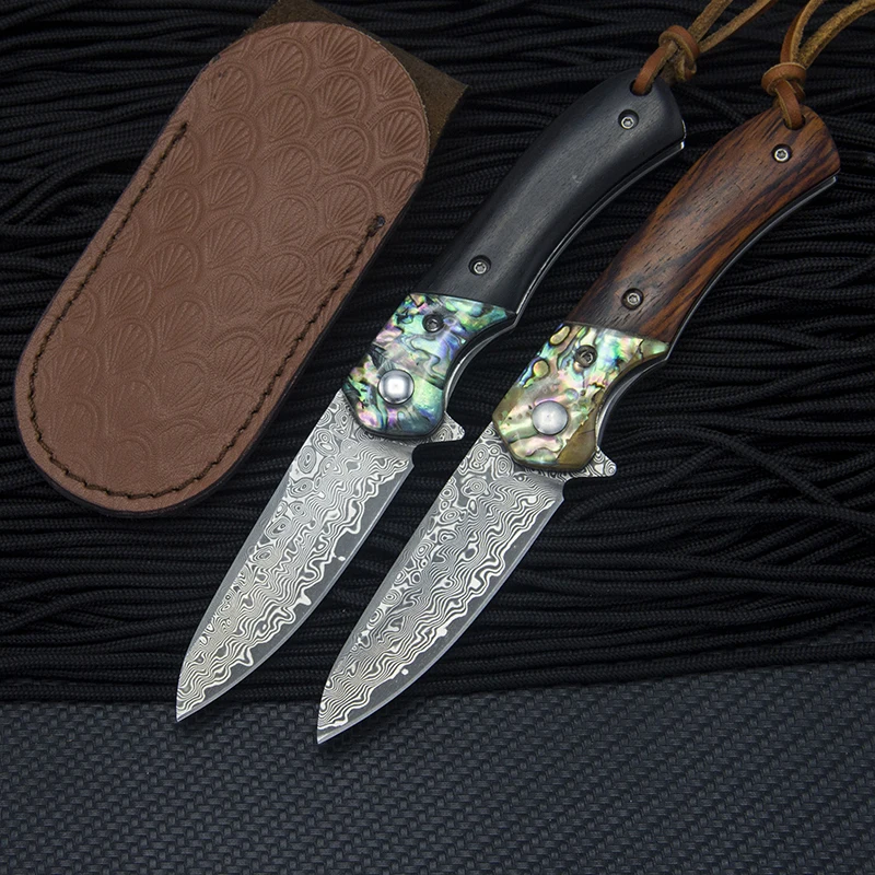 

High quality Natural rosewood /Colored shell Folding knife Damascus Steel camping hunting multifunctional EDC tool