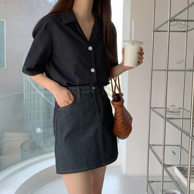 

Korean Style Chic Single Breasted Solid Casual Shirt Short Sleeve V Neck Loose Soft Women Tops Fashion All Match Summer Shirt