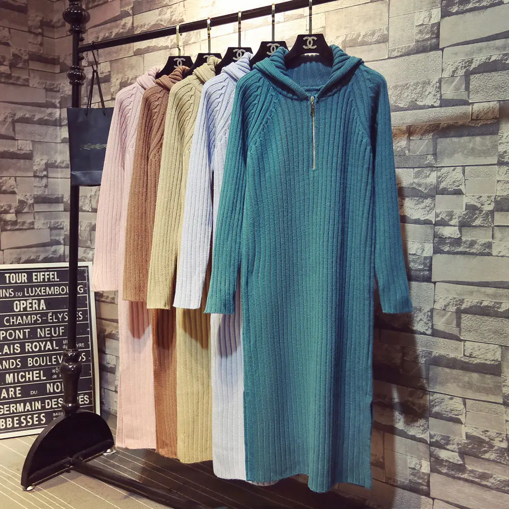 

EBAIHUI Sweater Dress with Hoodies Autumn Winter Pullover Casual Female Knitted Dress Elegant Women Long Dresses Khaki Beige