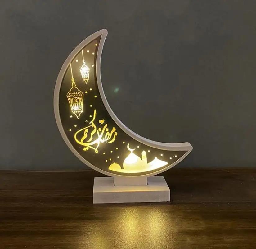 Ramadan Eid Mubarak Moon Lamp LED Night Light Wooden Ornament Muslim Festival Decoration Holiday Lighting Eid Mubarak Party