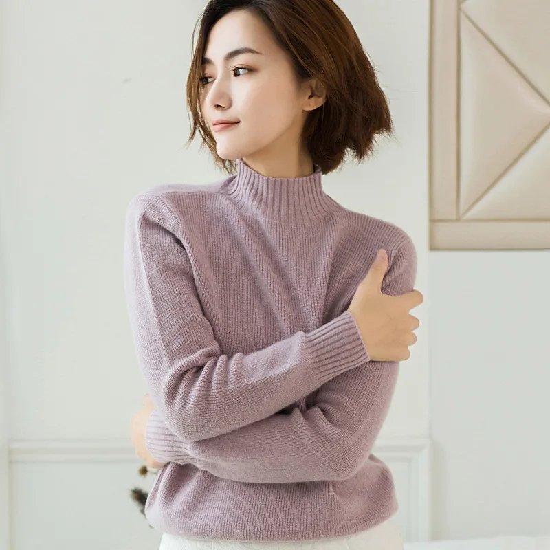 100% Wool Cashmere Knitted Sweater Women Vintage Solid Mock Neck Full Sleeve Female Pullover Elegant Luxury Jumpers Girls Tops