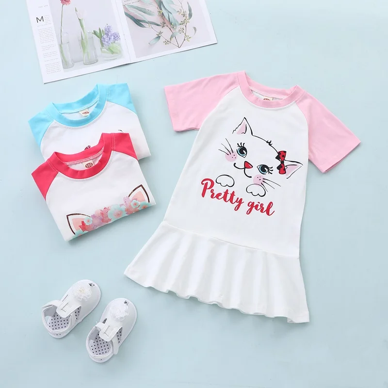 

Cotton Kids Dresses for Girls Summer Cute Animal Cat Patchwork Short Sleeve Girls Dress Fashion Clothes School Kids Clothes 0-6Y