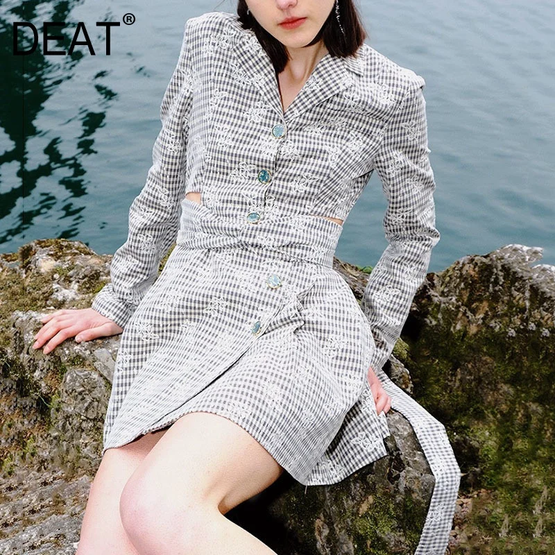 

DEAT High End Women Gray Bow Lace Bandage Blazer New V-neck Long Sleeve Slim Fit Jacket Elegant Retro Fit 2021 7D0662