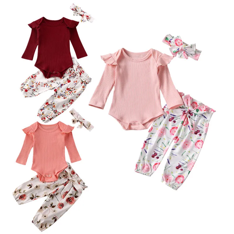 

Toddler Girl Clothes 3PCS Newborn Kids Baby Girl Clothes Knitted Tops Bodysuit+ Floral Print Long Pants+Headband Outfits Set