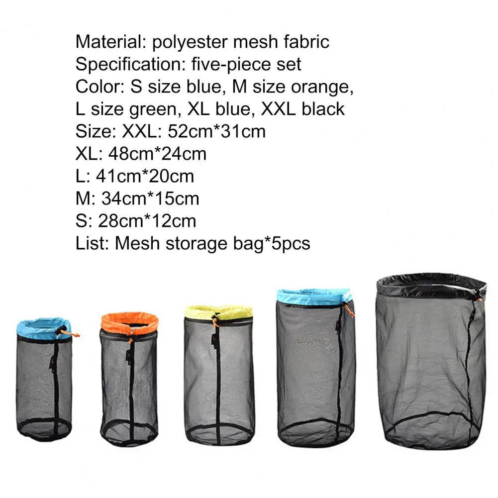 

5Pcs Practical Mesh Bags Portable Ultralight And Easy to Carry Drawstring Hanging Mesh Bags Storage Sack for Outdoor Travel Cam