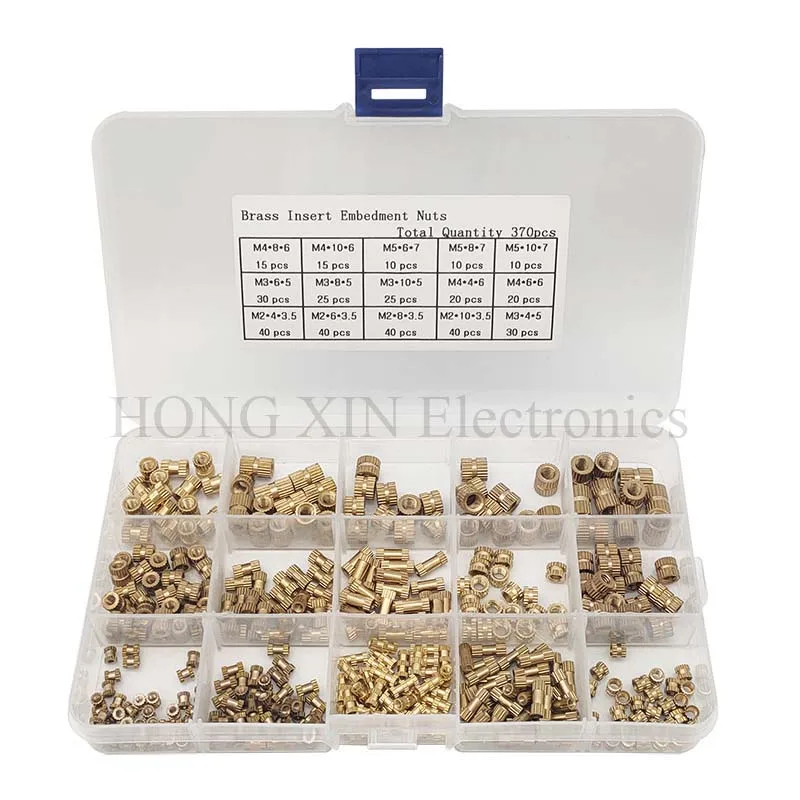 

370pcs/Set M2 M3 M4 M5 Female Thread Knurled Brass Threaded Insert Embedment Nut Assortment Kit Round Insert Embedded Nuts