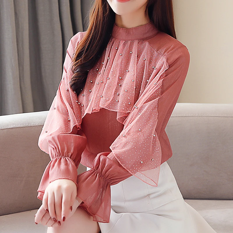 Женские весенние блузки 2019 топы и с бусинами элегантные женские рубашки