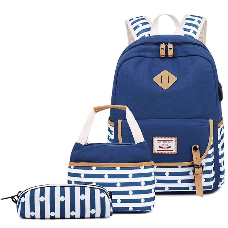 deep blue set Женский рюкзак, рюкзаки с usb зарядкой, школьные сумки для подростков, девочек, рюкзак для ноутбука, mochila feminina, школьная сумка - Цвет: deep blue set