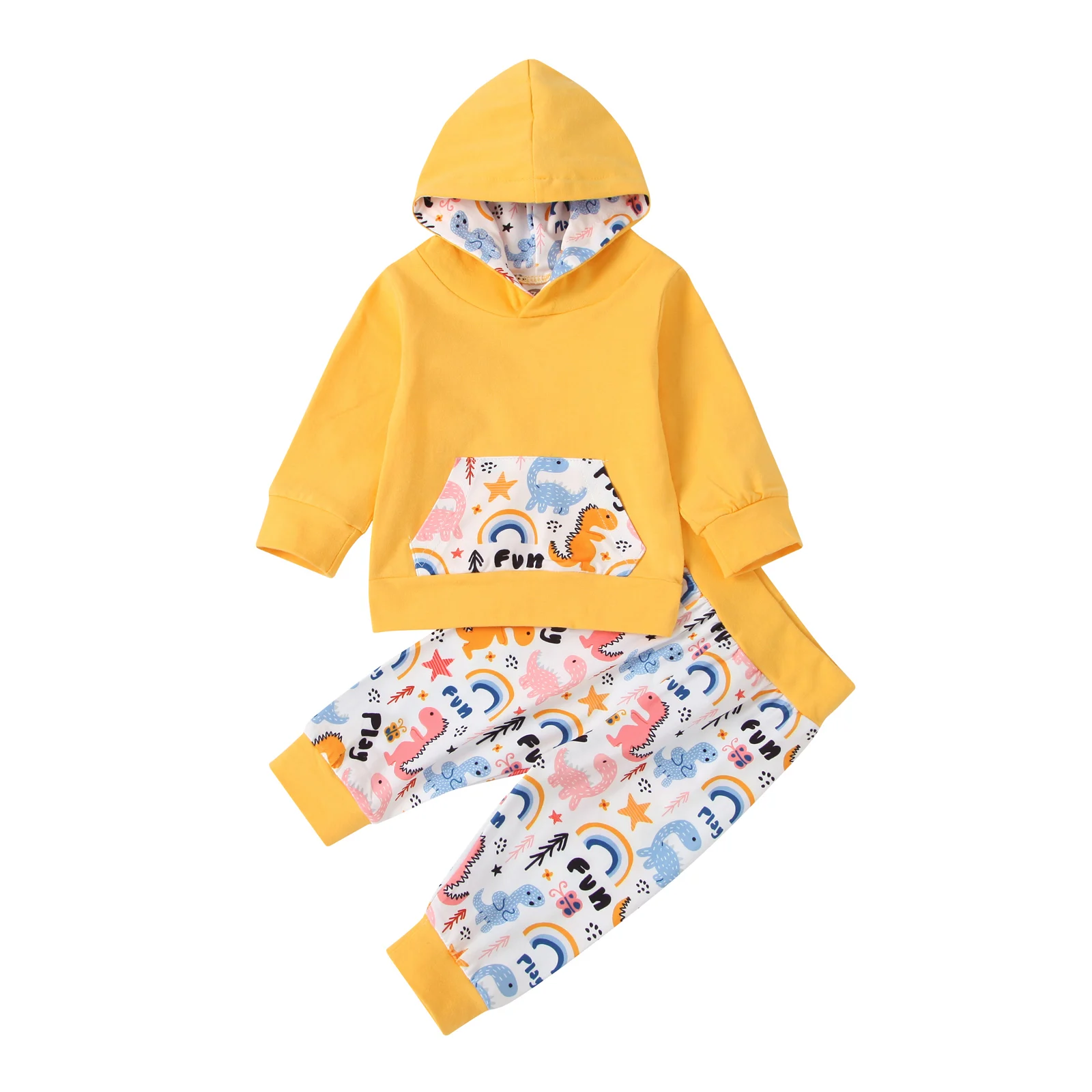 

Комплект одежды Lioraitiin для новорожденных девочек 0-18 месяцев, осенний комплект из 2 предметов, Топ с длинным рукавом и капюшоном с мультипликационным принтом динозавра, длинные штаны, комплект