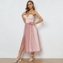 Cinta de espaguete strapless rosa alta fenda vestidos de noite sem mangas vestido com tule fofo 2022 tornozelo comprimento vestidos de baile (1)