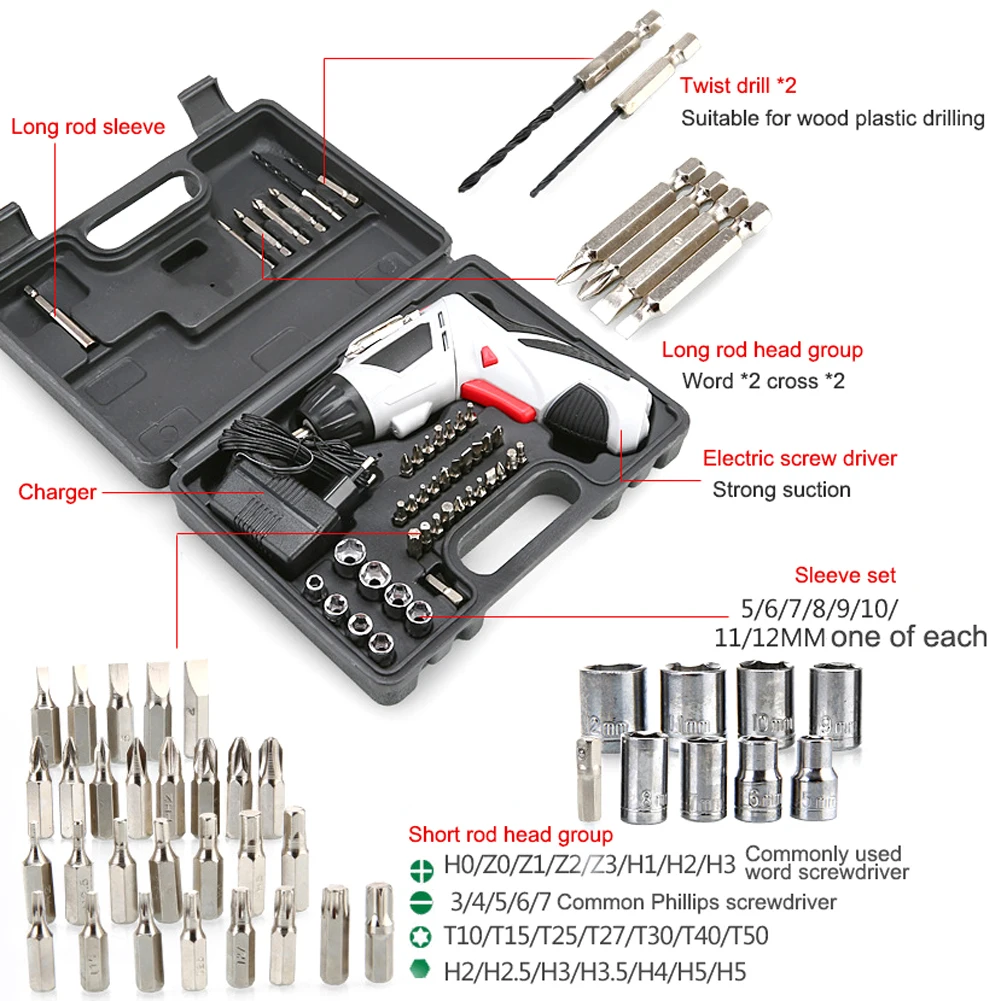 

4.8V Electric Screwdriver Cordless Drill with 45 Bits Mini Wireless Power with LED Light Multi-function House Power Tools new