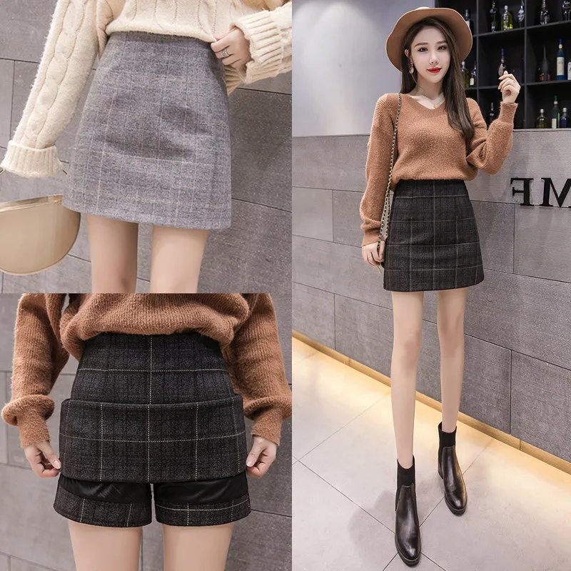 Женская шерстяная юбка с завышенной талией трапециевидная в клетку запахом на