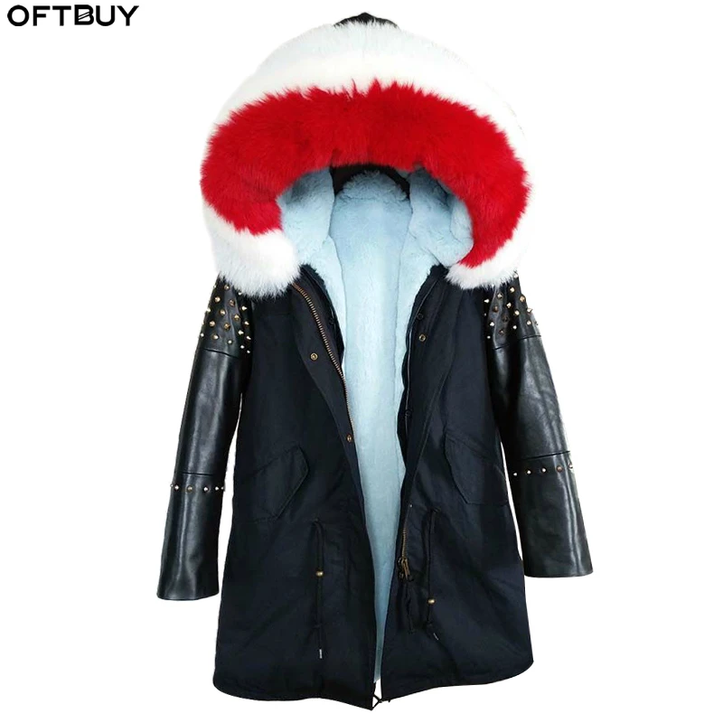 Женская куртка с кожаными рукавами OFTBUY, из овчины с заклепками и натуральным лисьим мехом на воротнике и капюшоне, зимняя длинная парка, верхняя одежда