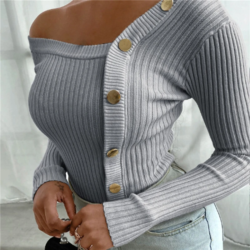 

Fashion Single-breasted Knitted Sweater 2020 Long Sleeve Chic Solid Color Pullover Top Women New Autumn Ladies All-match Sweater