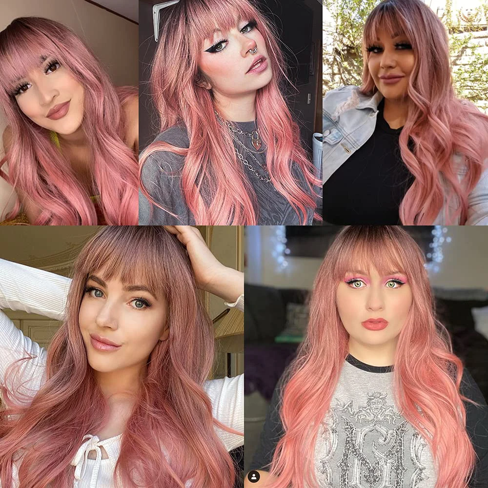 U.SHINE длинные волнистые Омбре коричневые розовые синтетические парики с челкой