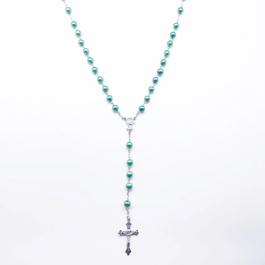 Модное темно зеленое жемчужное ожерелье с крестом 7 мм религиозное Молитвенное Девы Марии|Ожерелья