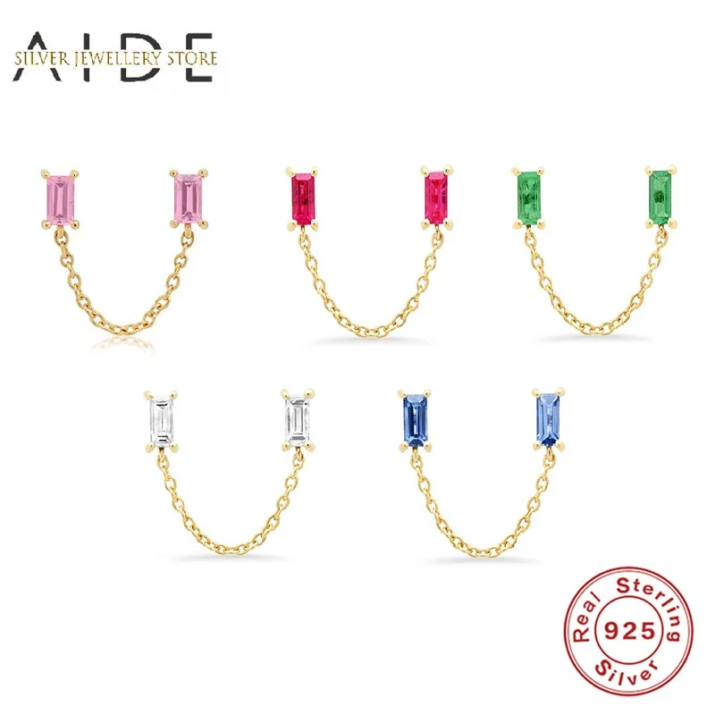 

AIDE Punk Chain Stud Earrings for Women INS Colorful Zircon Chains Back Hanging Piercing Earings Silver 925 Jewelry kolczyki