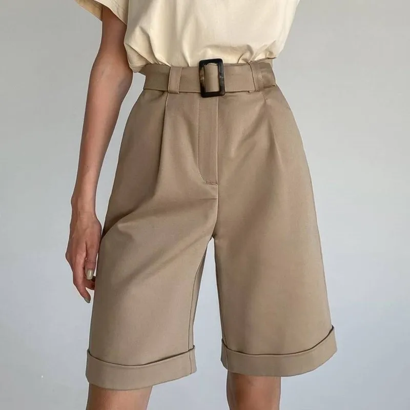 

2020 New Women's Trousers Material Flanging With Pocket Zipper Buttons Solid Color Fashion Urban Casual Shorts Female Ropa Mujer