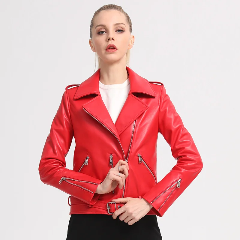 

SHZQ Leather Small Leather Clothes Women's Short Motorcycle Jacket 2021 Spring and Autumn New Sheep Skin Full Red Lapel Leather