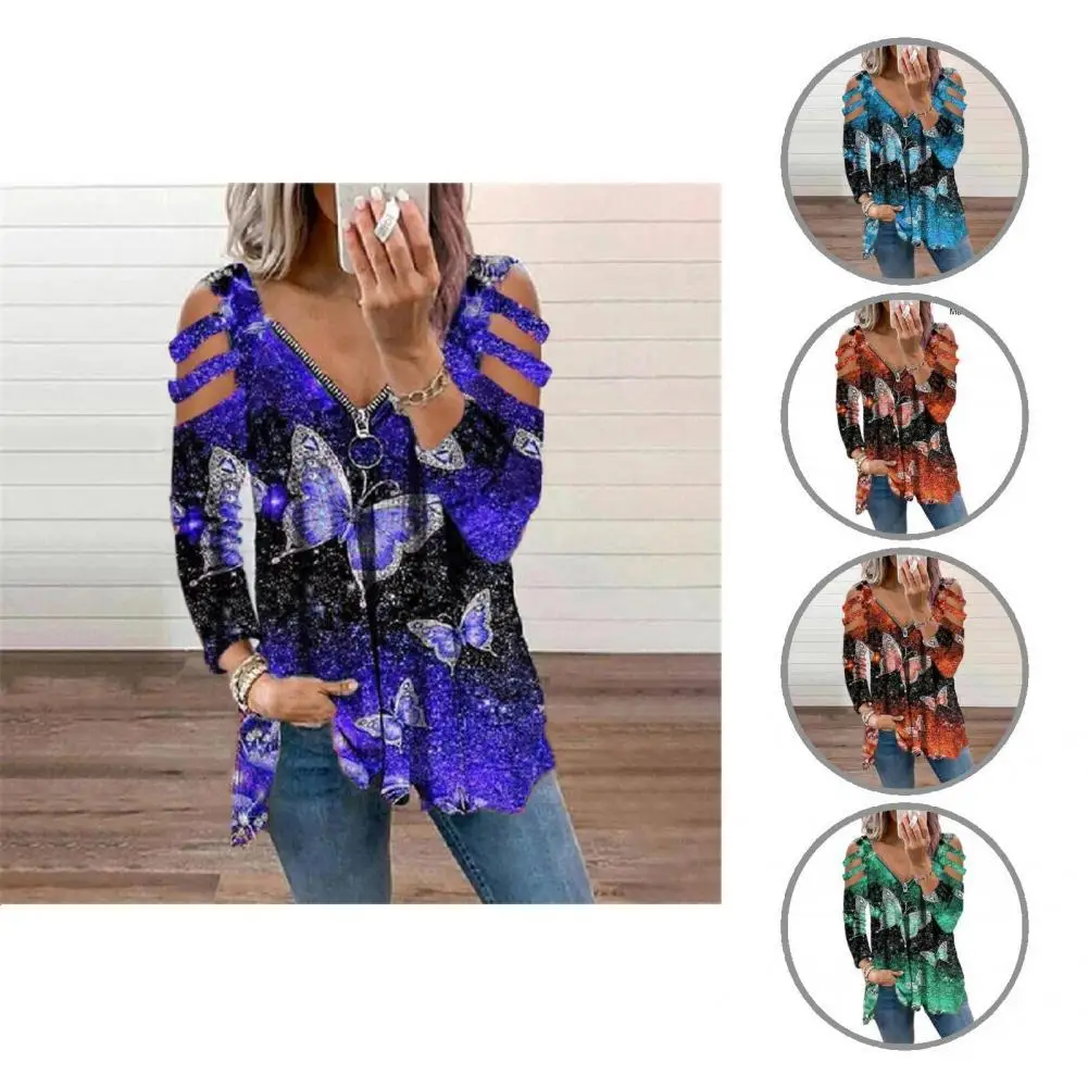 

Pullover All Match Butterfly Print Colorful Women Top for Daily Wear