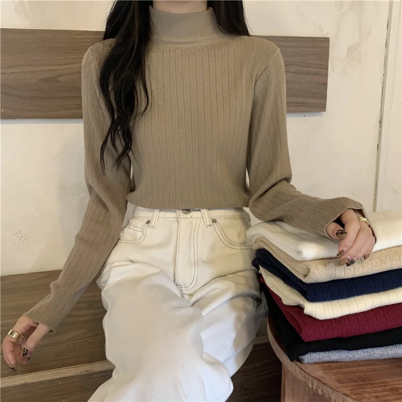 

Женский однотонный пуловер с длинным рукавом и высоким воротником