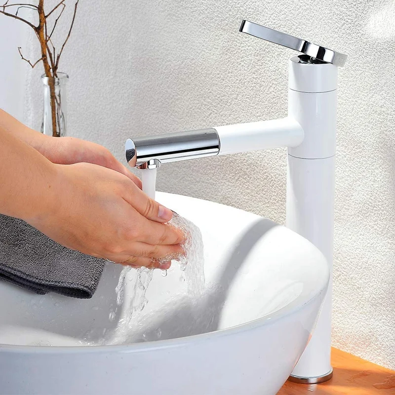 Contemporary Bathroom Sink Faucet with Rotating Spout 11.2 Inch Tall Vessel White+Silver | Обустройство дома
