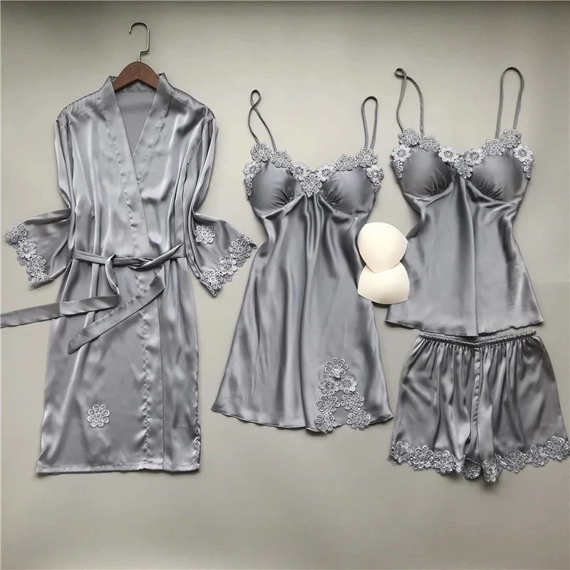 Женские пижамные комплекты 2020 атласная пижама шелковая из 4 предметов на тонких