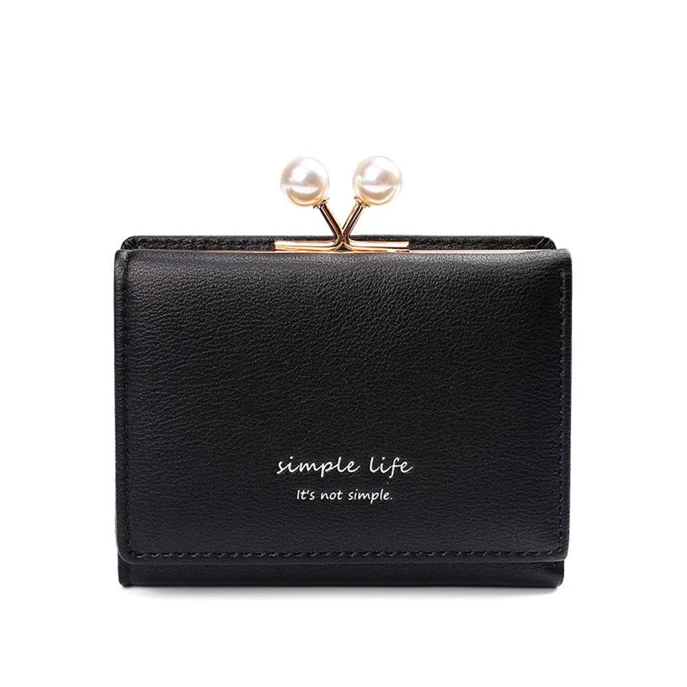 

Women Wallet Pearl Buckle Letter Faux Leather Trifold Wallets Mini Card Coin Package PU Holder Clutch Lady Purse