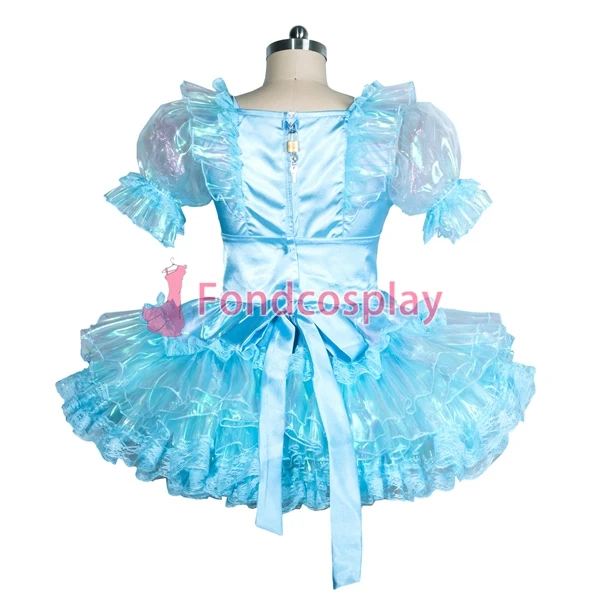 

French lockable blue Satin-glass silk Sissy Maid dress Tailor-made [G3866]