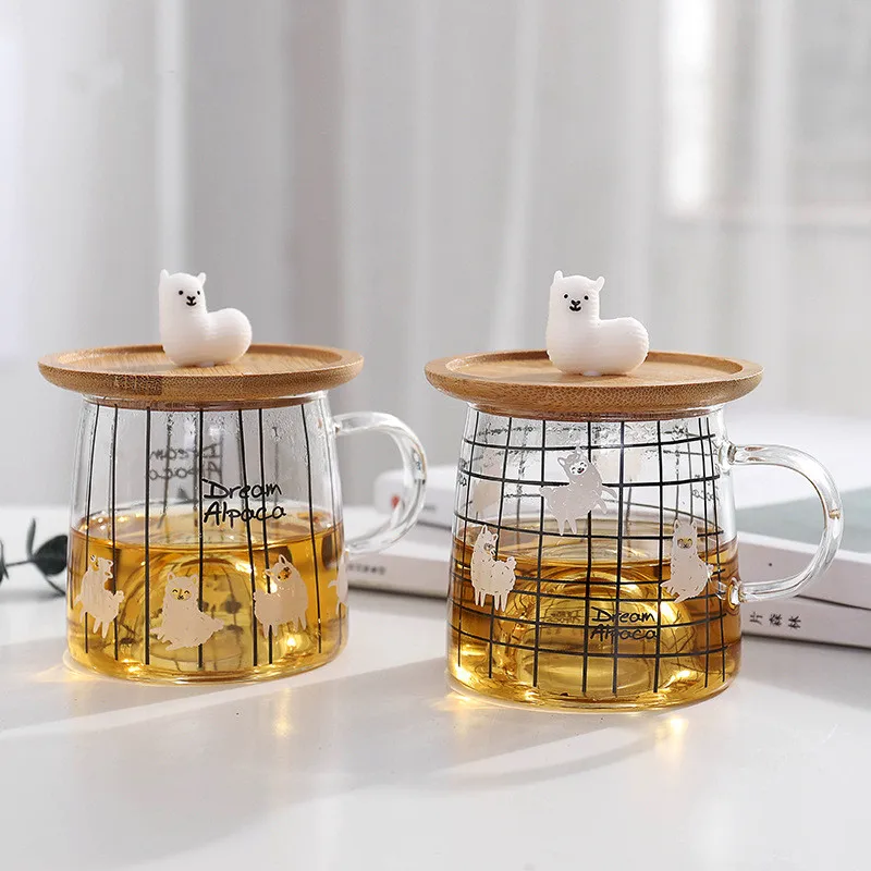 Cute 3D alpaca glass mug with bamboo lid,Heat-resistant glass mugs  Morning Mug Milk Coffee Tea Breakfast Cup for gifts