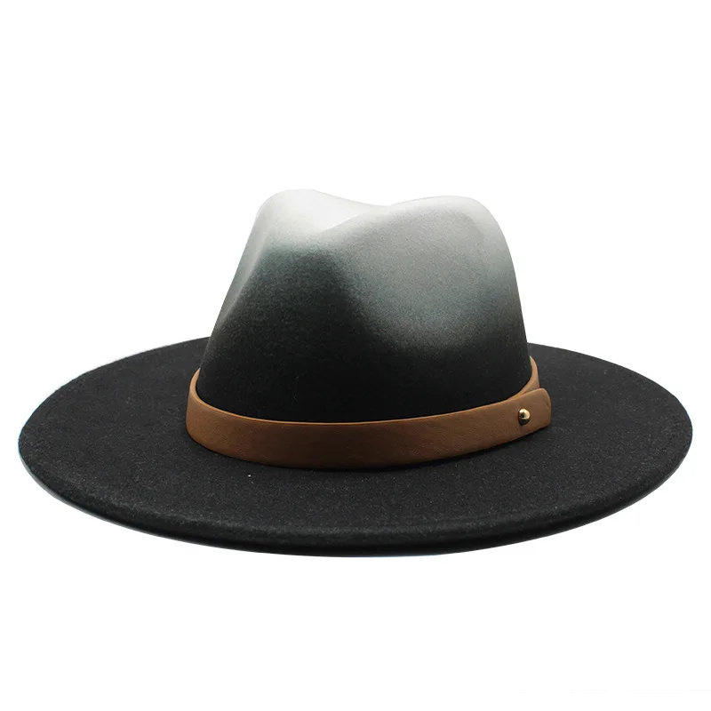 

Fedora hat band belt buckle fascinator felted hats men wide brim autumn winter Two-color gradient new classic luxury women hats