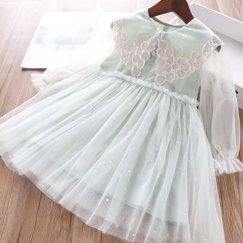 Детское платье с длинными рукавами сезон весна шикарные платья из тюля цветочной