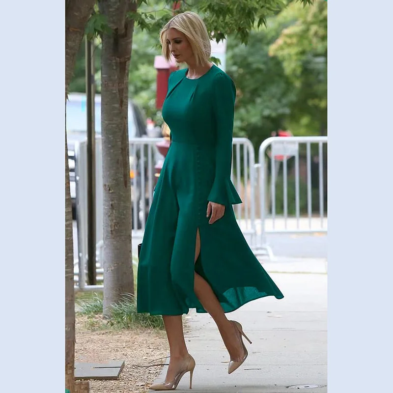 

Women Runway Dress 2020 High Quality O-Neck Flare Sleeve Side Split Solid Casual Dresses NP0809A
