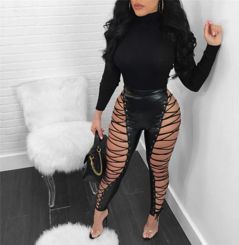 Hollow Out Lace Up Sexy Pencil Pants Women High Waist Bandage Leggings Club Party PU Faux Leather Pants Female