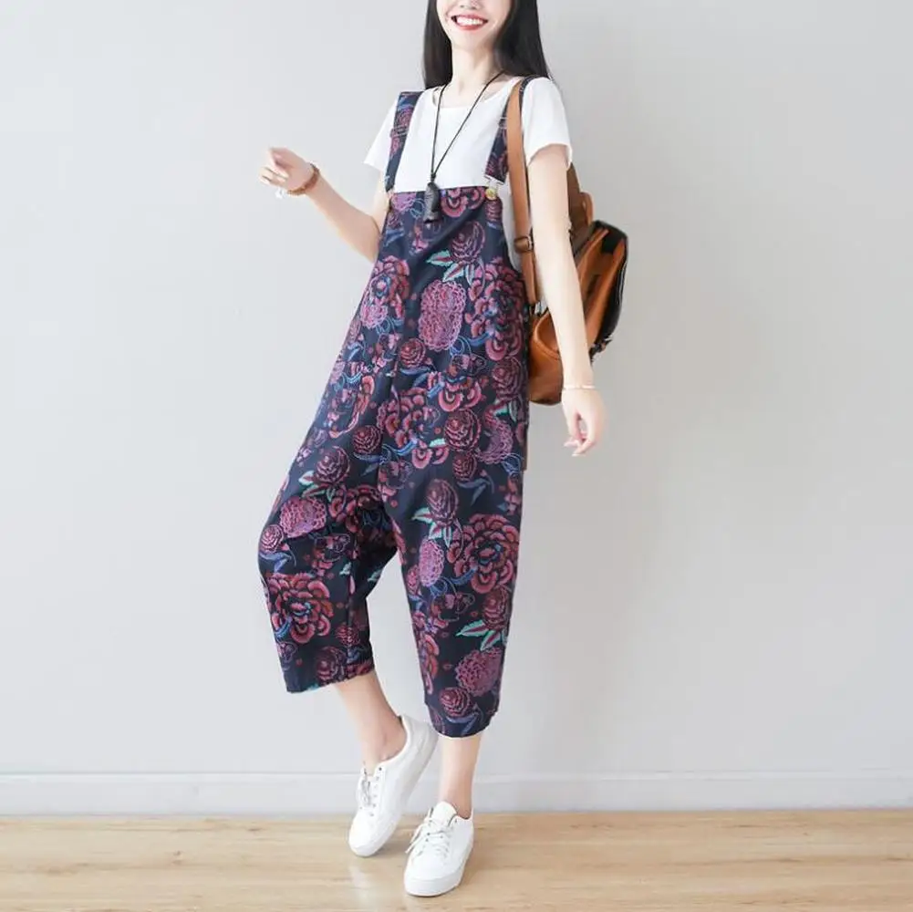Literary Womens Fashion Floral Print Seven-point Jumpsuit National Style New Adjustable Cotton Linen Loose Trousers