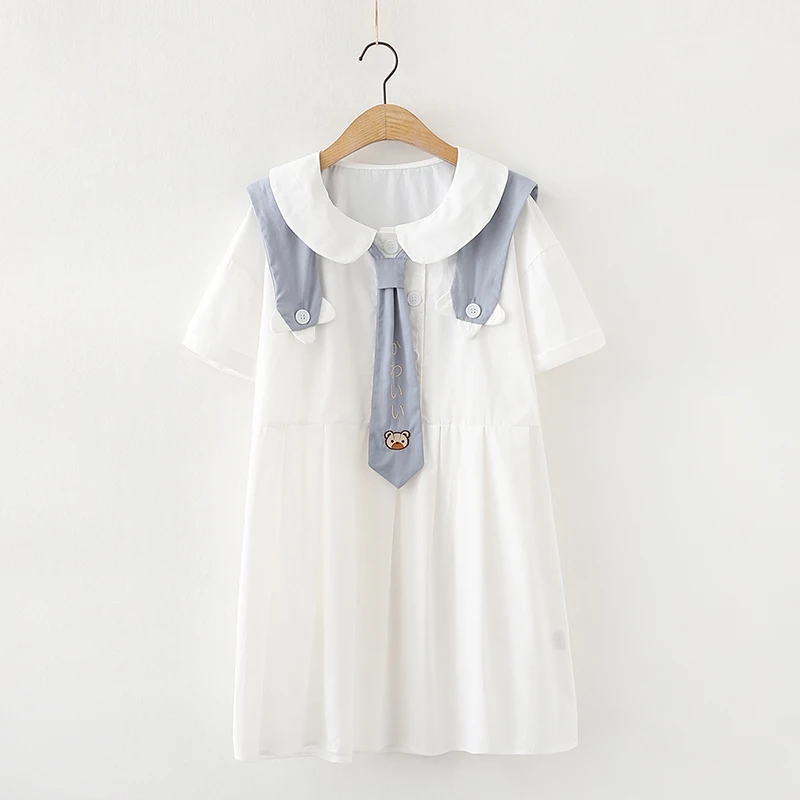 

Peter Pan Kawaii White Dress Teens Soft Girl Clothes Summer Lolita Cute Casual Doll Collar Bear Tie Short Sleeve Shirt Dresses