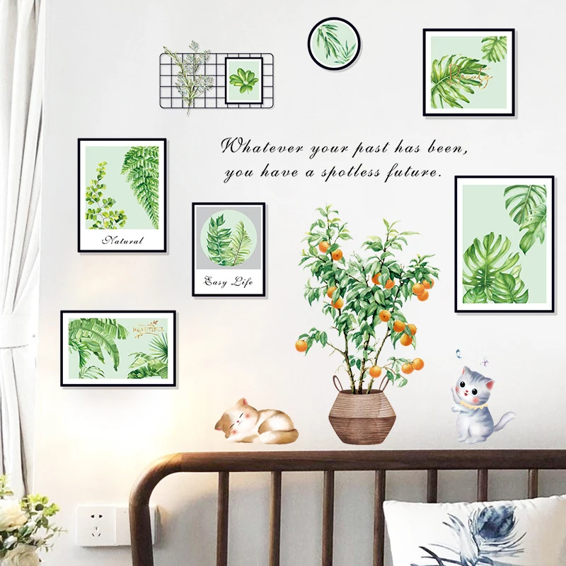 

New potted green leaf cat frameless painting decoration stickers children's room study boy bedroom decoration