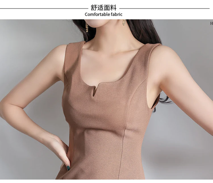 

Korea V-Neck Sleeveless Vest Vestidos Khaki Pencil Knee-Length Brief Sexy Women's Party Dresses