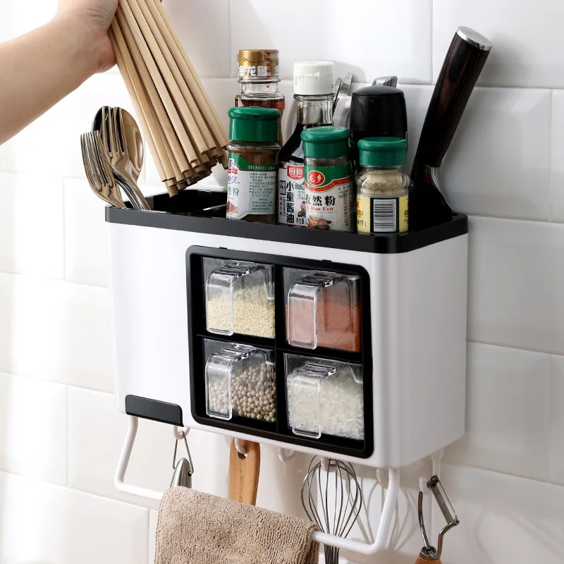

Multifunctional Kitchen Spice Box Wall-mounted Household Perforated Free Spice Box Seasoning Storage Rack Chopstick Rack