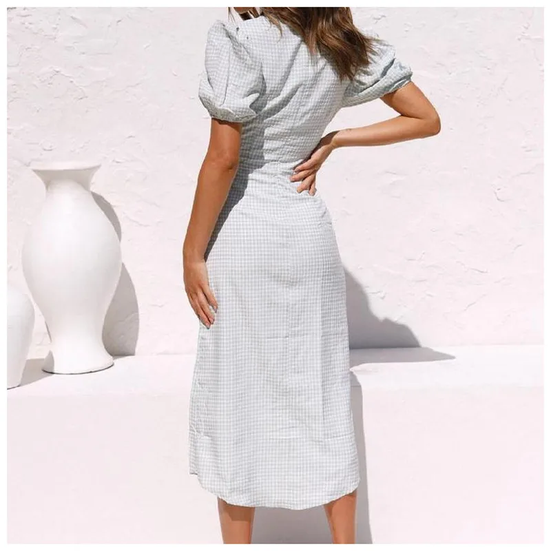 

2021 Summer Sexy V Neck Hollow Out Women's Collage Fashion Maxi Dress Ladies White Puff Sleeve Split Long Dress Vestido De Mujer